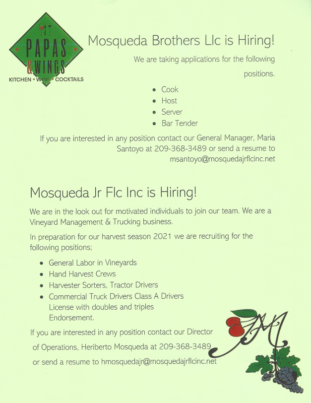 Papas & Wings / Mosqueda Brothers LLC / Mosqueda Jr Flc Inc hiring flyer - July 2 2021