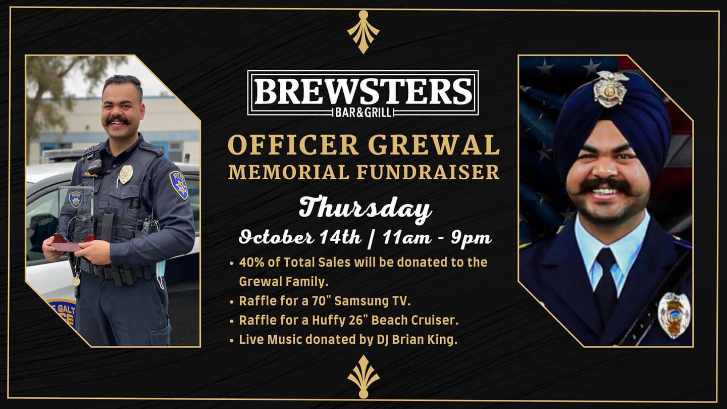Officer Grewal Memorial Fundraiser at Brewsters, Thurs, 10/14/2021 from 11am to 9pm, 40% of profits donated to Grewal family