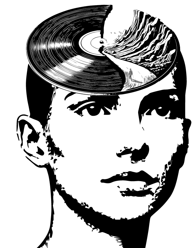 A black and white image of a woman's face, with a vinyl record, that transforms into a natural landscape