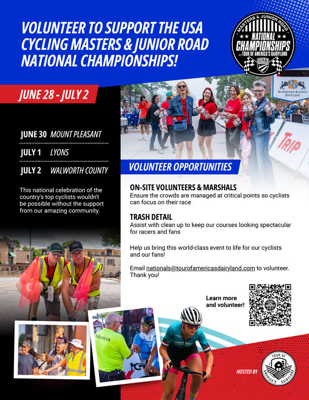 volunteer poster information for cycling race in lyons wi