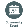 Grey circle with a white calendar icon. Words reading "Community Event"