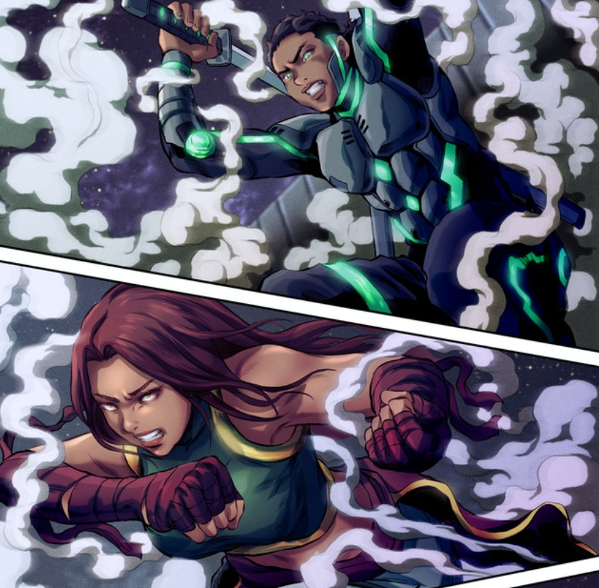 Knight of Abyss Vol 1 Pages Art by: Kwaksix (Figures in fighting stance, with lots of smoke around and combat gear)