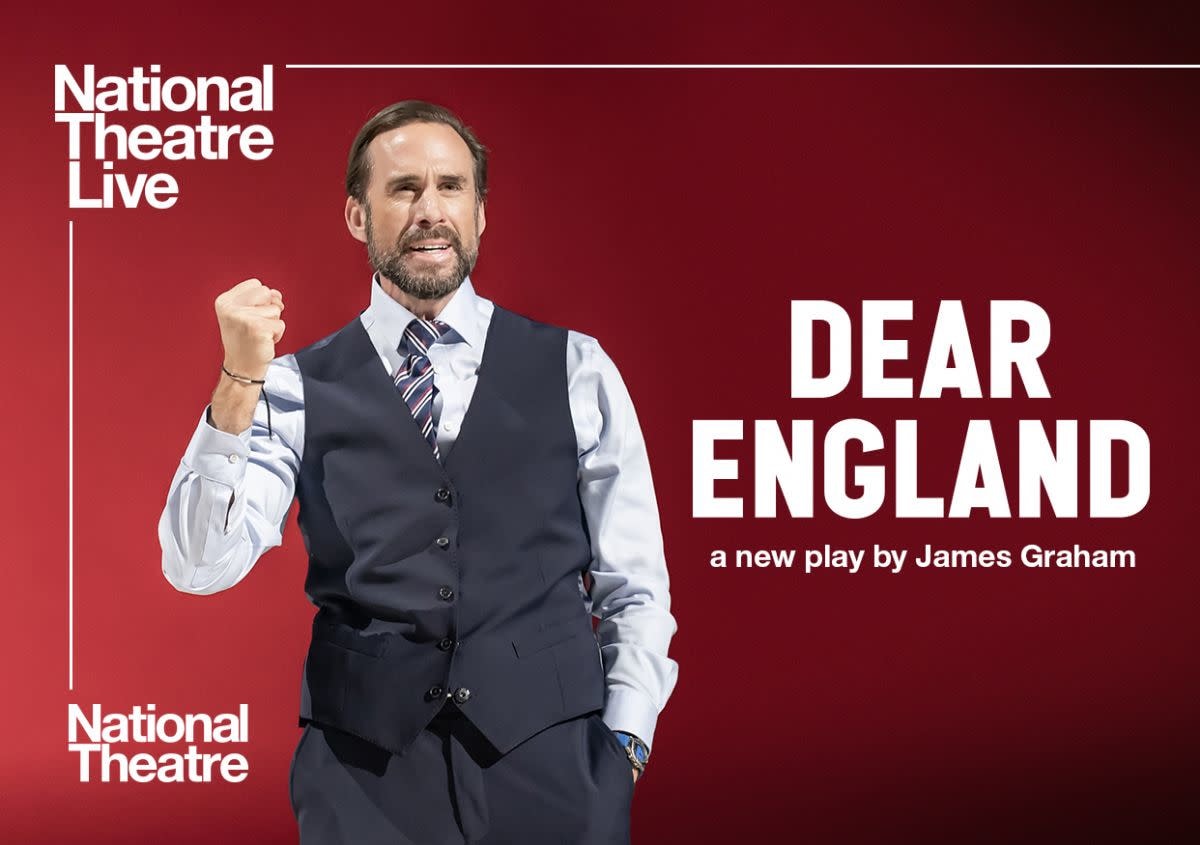 A man standing in front of a red background. Title of play is on the rght side in white letters "Dear England"