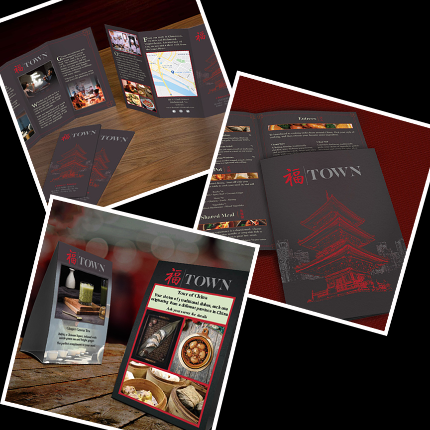 Image of a brochure, table tent, and menu for a Chinese Restaurant called TOWN