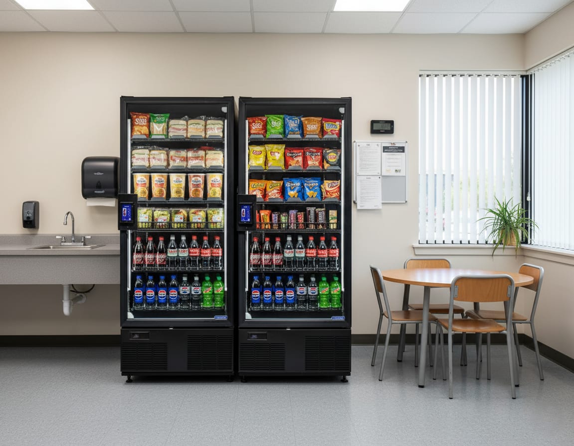 Two Smart Vending machines fully stocked with fresh food, beverages and snacks a breakroom.