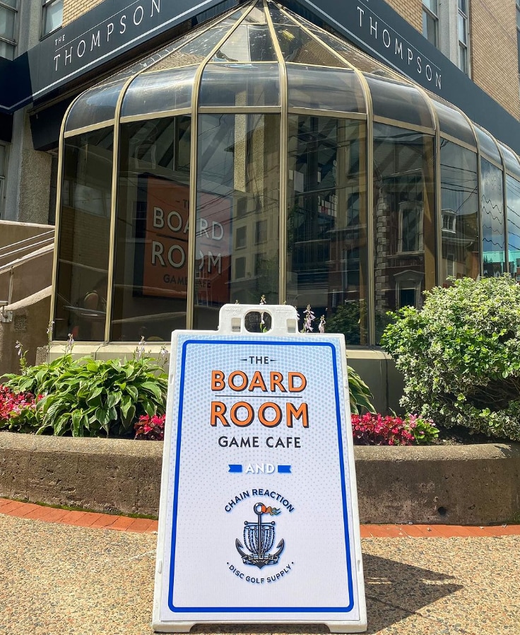 Image of the cafe sandwich board in front of the Thompson Building