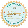 Fox Valley Community Services. Happy sunshine-like Badge logo featuring golden key, Sandwich/DeKalb, Established in 1972