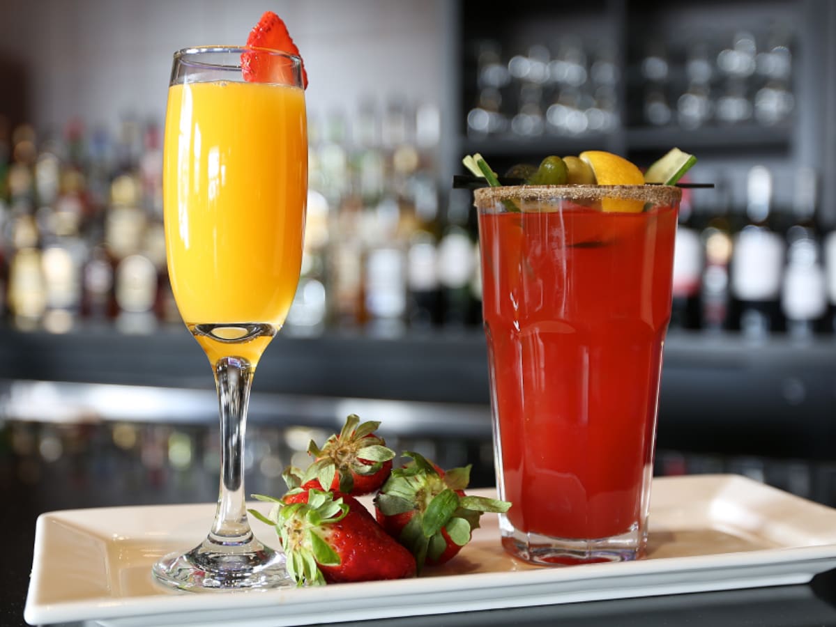 mimosa with prosecco and orange juice, caesar cocktail brunch drinks