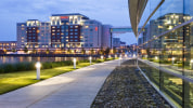 Evening Image of a Lighted Exterior Walkway beside the Bayfront Convention Center and along Presque Isle Bay.