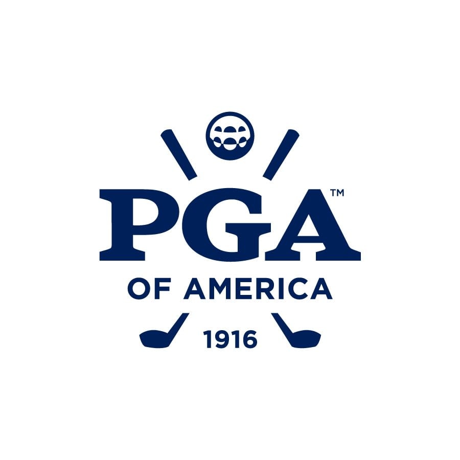 This is a round logo featuring "PGA of America" text in the center over crossed golf clubs with a golf ball and 1916.