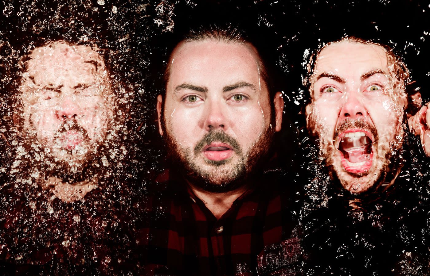 Three faces of the same man in different emotional expressions and seen through water