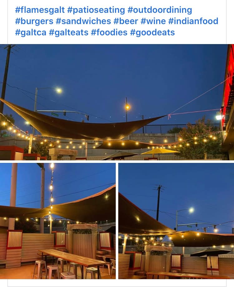 Photo of Flames outdoor seating arrangements (table, chairs, tent shades, lights