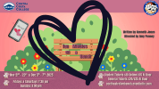 Cartoon green bushes and colorful flowers surround a bench. There is a black line drawn heart encircling the bench