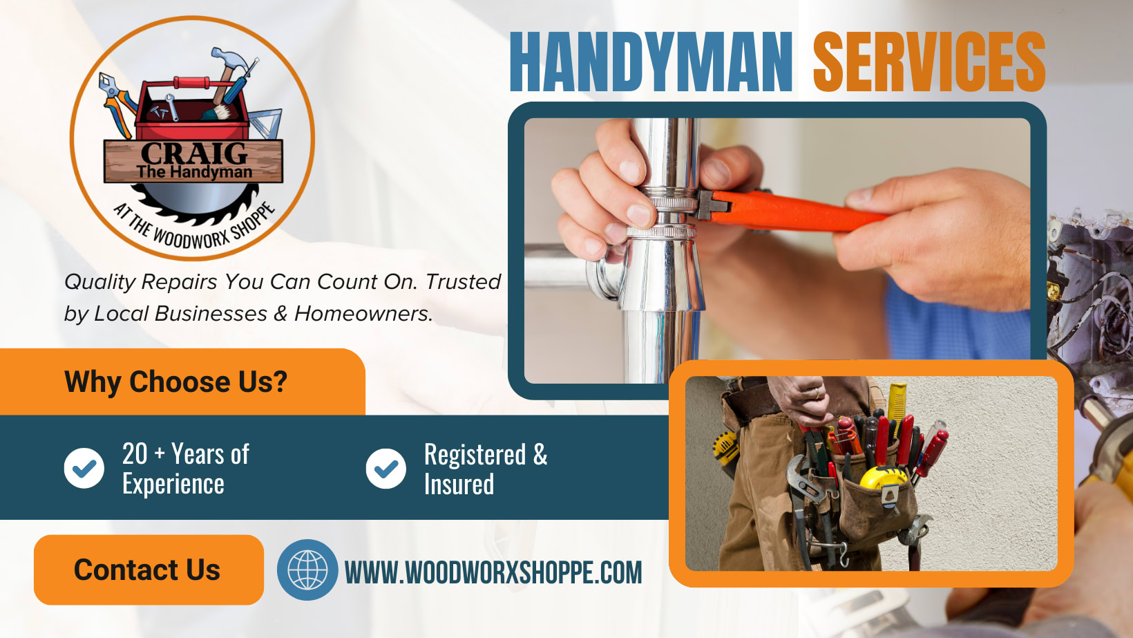 Business card-style visual with Craig the Handyman branding and contact information.