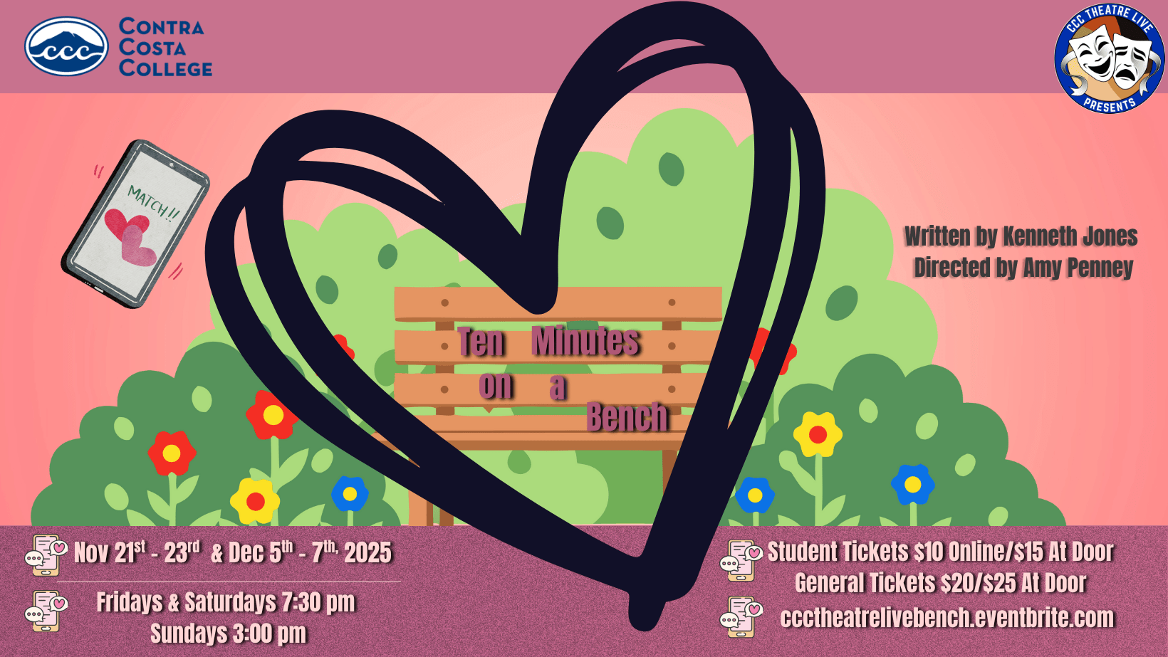 Cartoon green bushes and colorful flowers surround a bench. There is a black line drawn heart encircling the bench