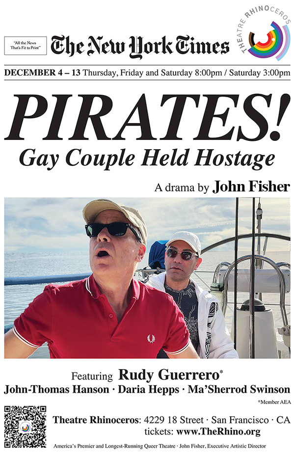 A poster advertising the drama Pirates by John Fisher. Two men in peril at sea are depicted.