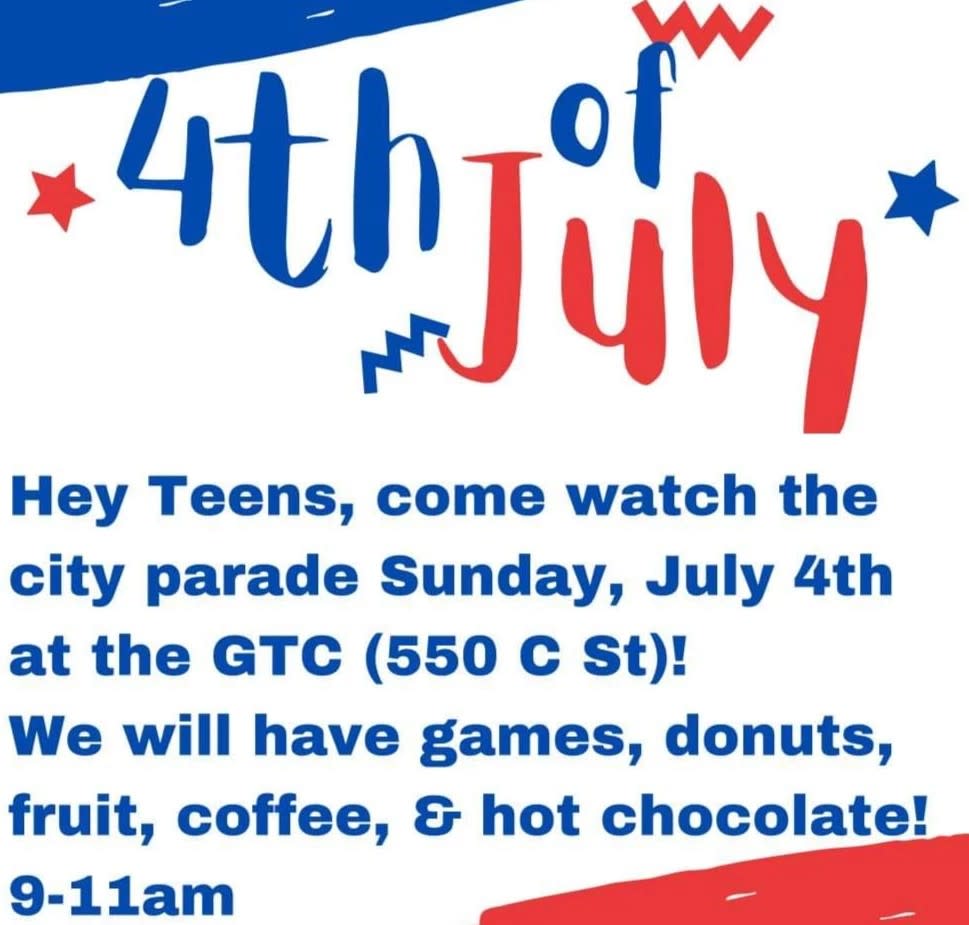 4th of July Parade-watching invitation for teens at Galt Teen Center, 550 C St., on 07/04/2021 from 9 to 11 am