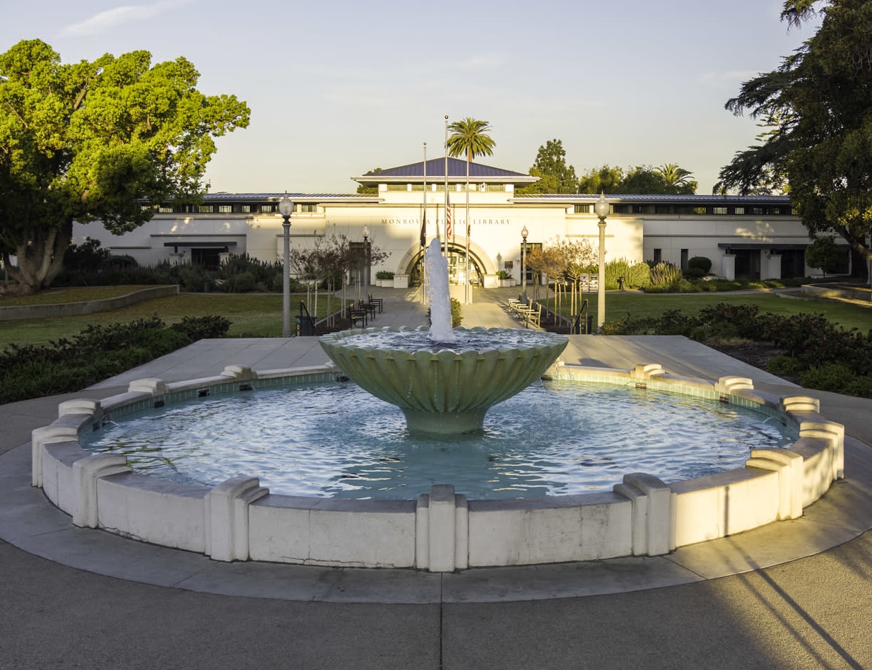 Fountain in front of the Monrovia Public Library in Monrovia CA