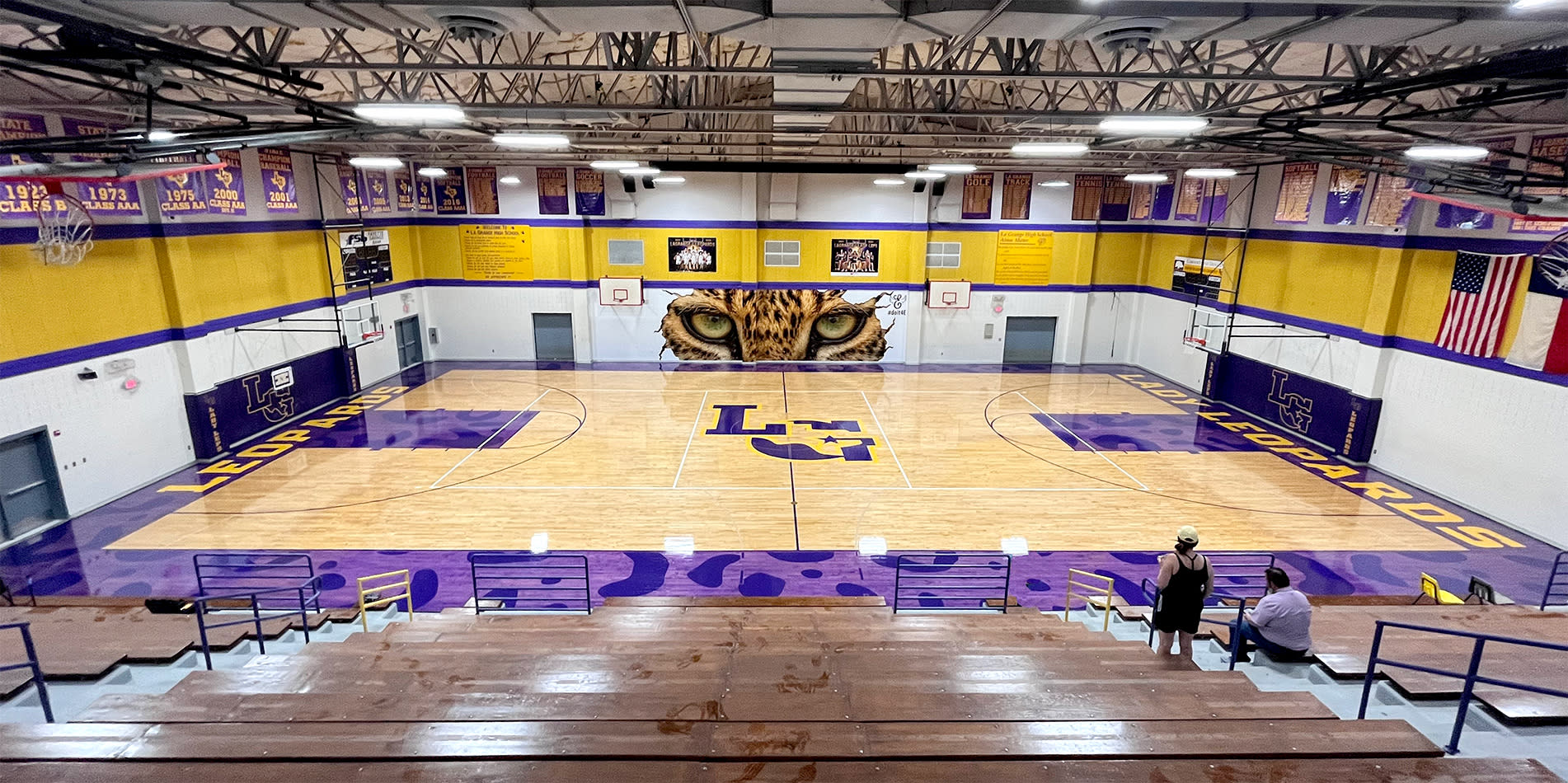 La Grange High School gym floor with purple stain