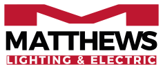 A modern logo for Matthews Lighting & Electric. The logo features a large red 'M' at the top.
