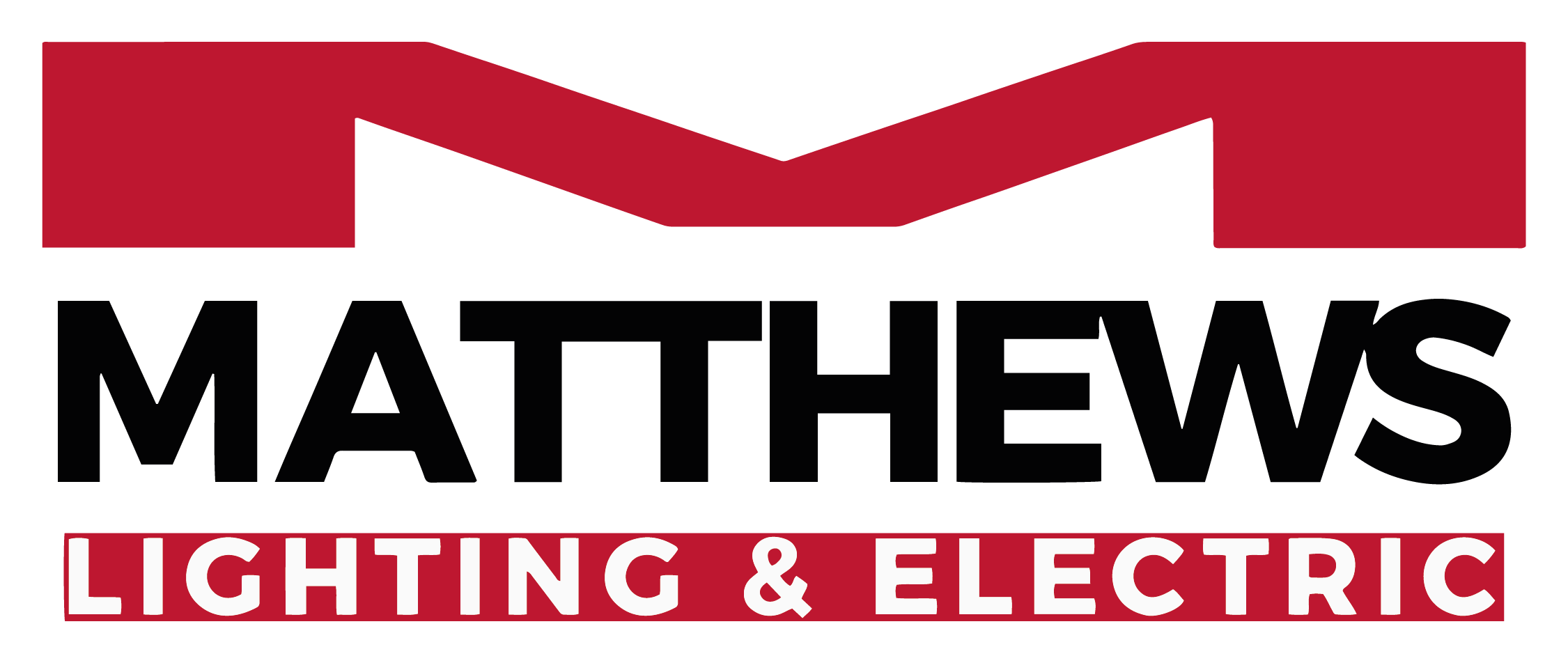 A modern logo for Matthews Lighting & Electric. The logo features a large red 'M' at the top.