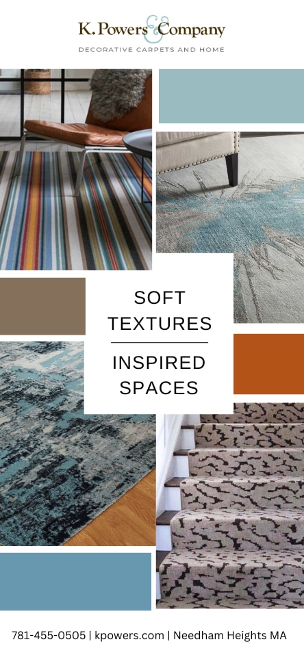 A medley of carpet and rug installations in tones of aqua, taupe, and rust.