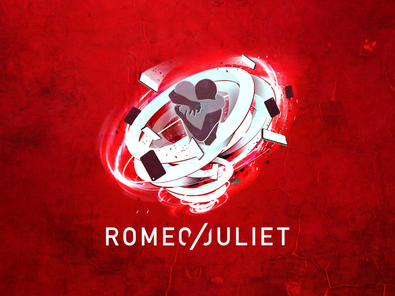 This is a bright red graphic image of two people gripping onto each other in an embrace for survival, in the eye of a digital