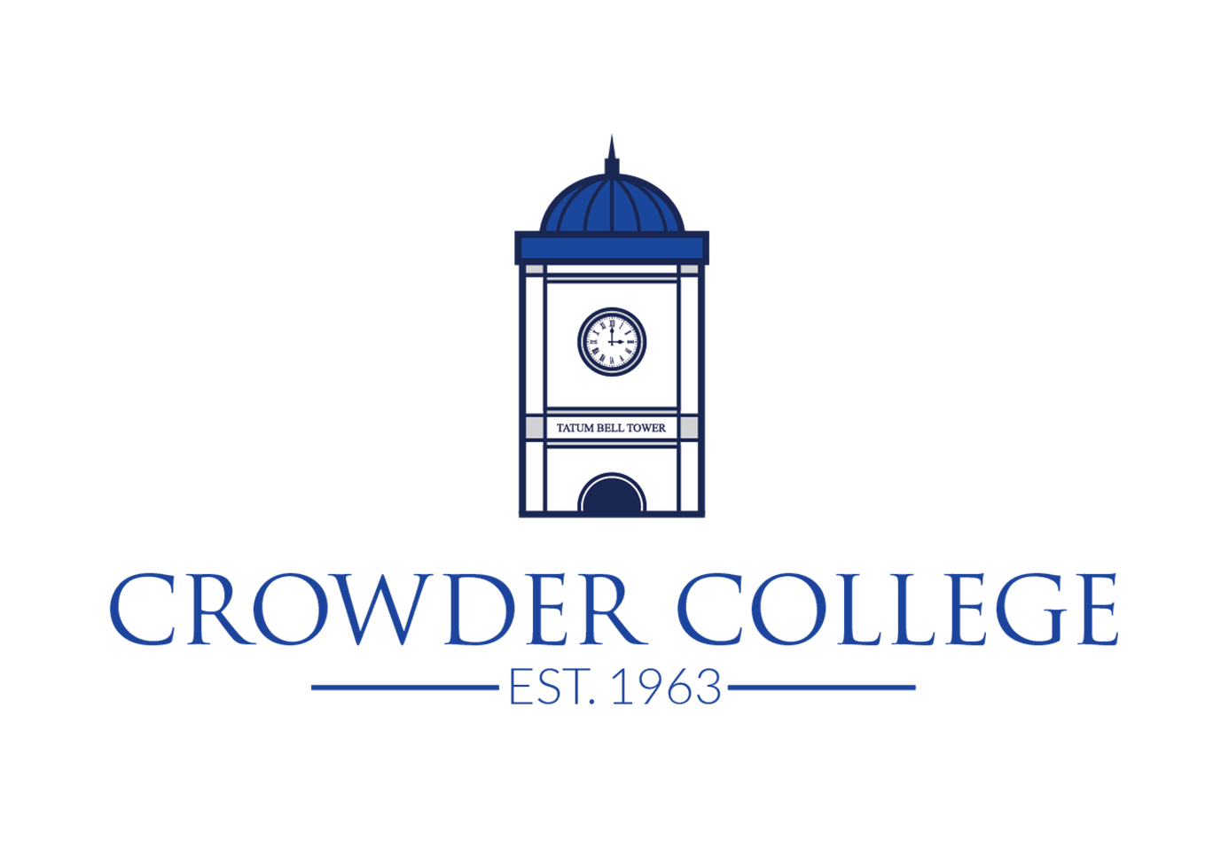 Logo of Crowder College. Famous Tatum Bell Tower illustrated above words. Colors are blue and white.