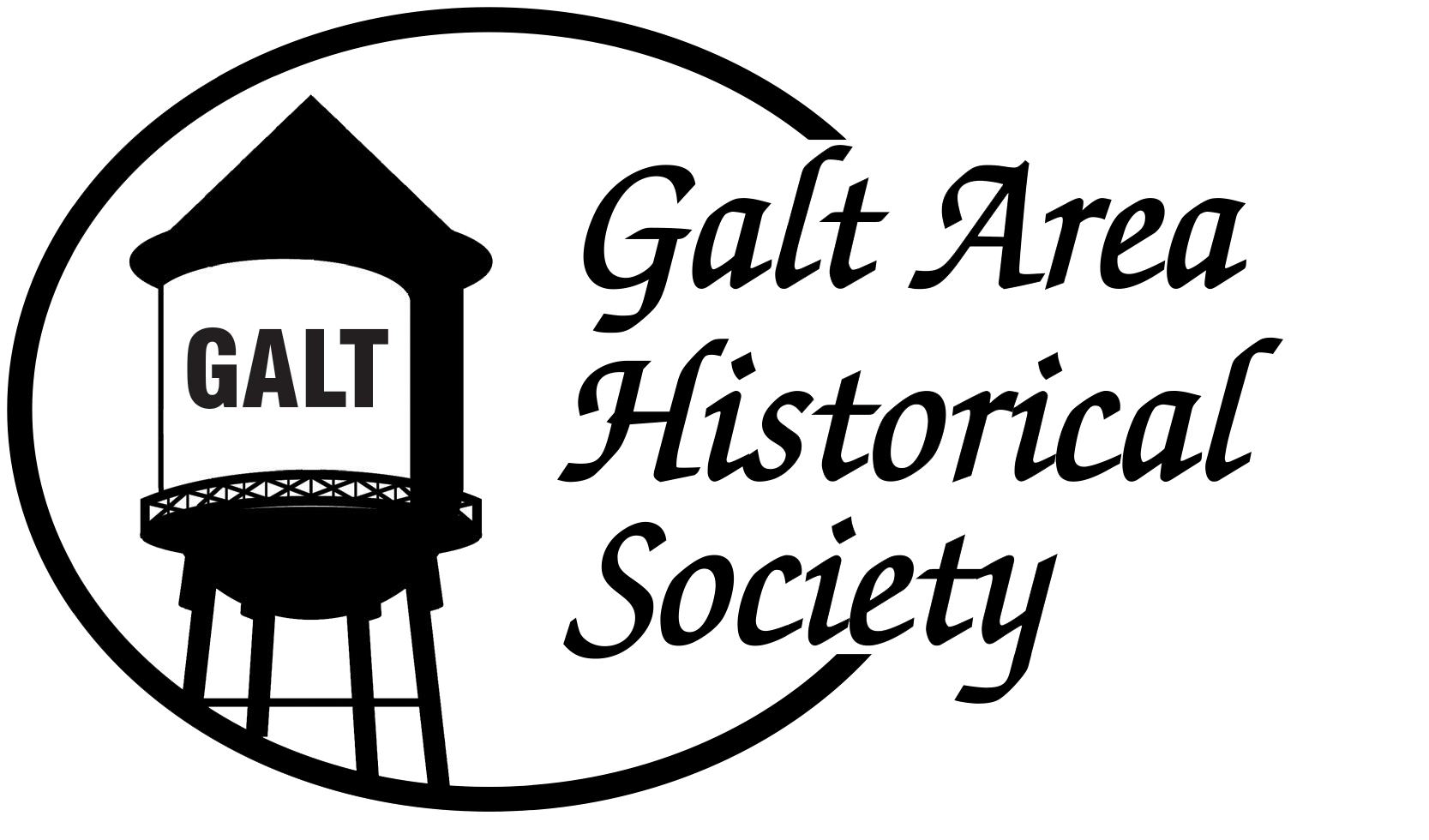 Galt Area Historical Society logo with drawing of the Galt Water Tower inside a circle
