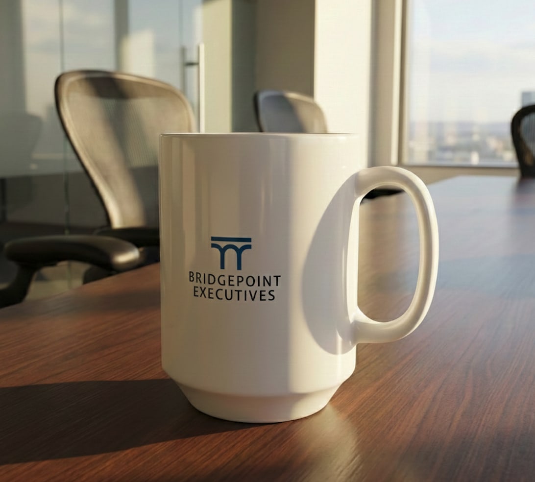Bridgepoint Executives mug sitting on the boardroom table.