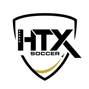 Youth soccer players training on the field with coaches at HTX Soccer in The Woodlands, TX, practicing skills and teamwork.