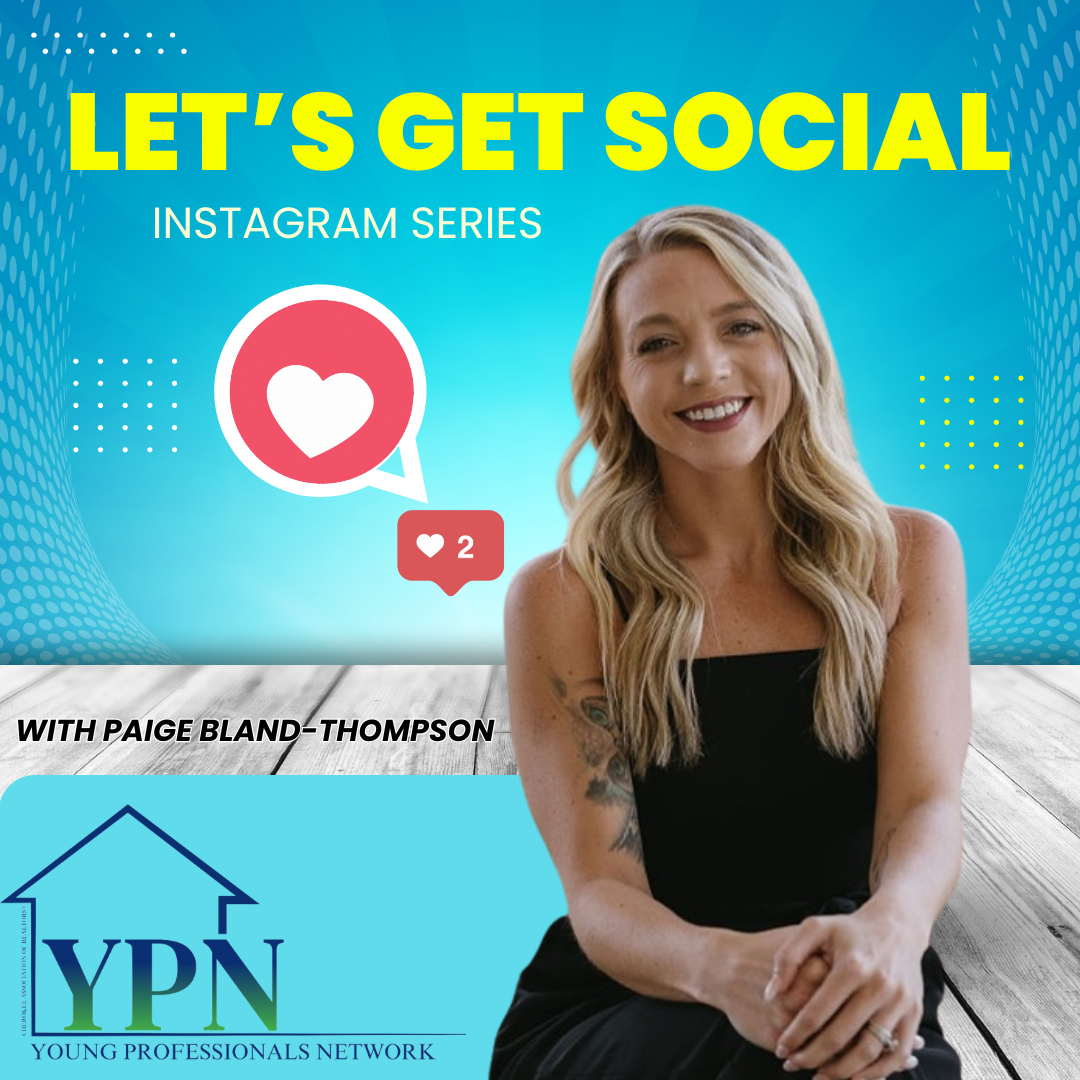Photo of our member Paige with a blue background and Instagram hearts and likes