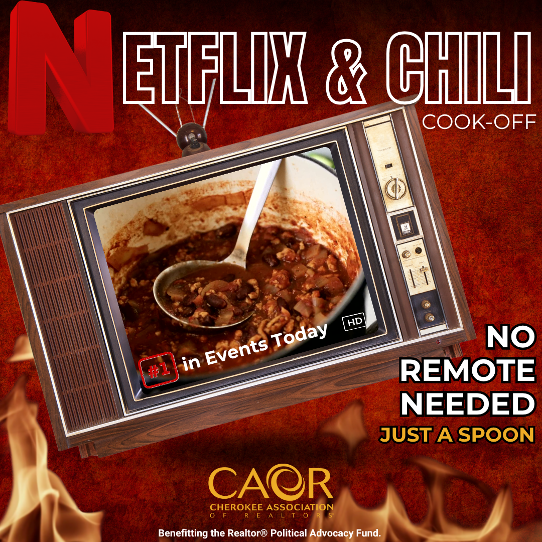 Netflix and Chili Cook-Off flyer with a photos of a tv and chili on the screen