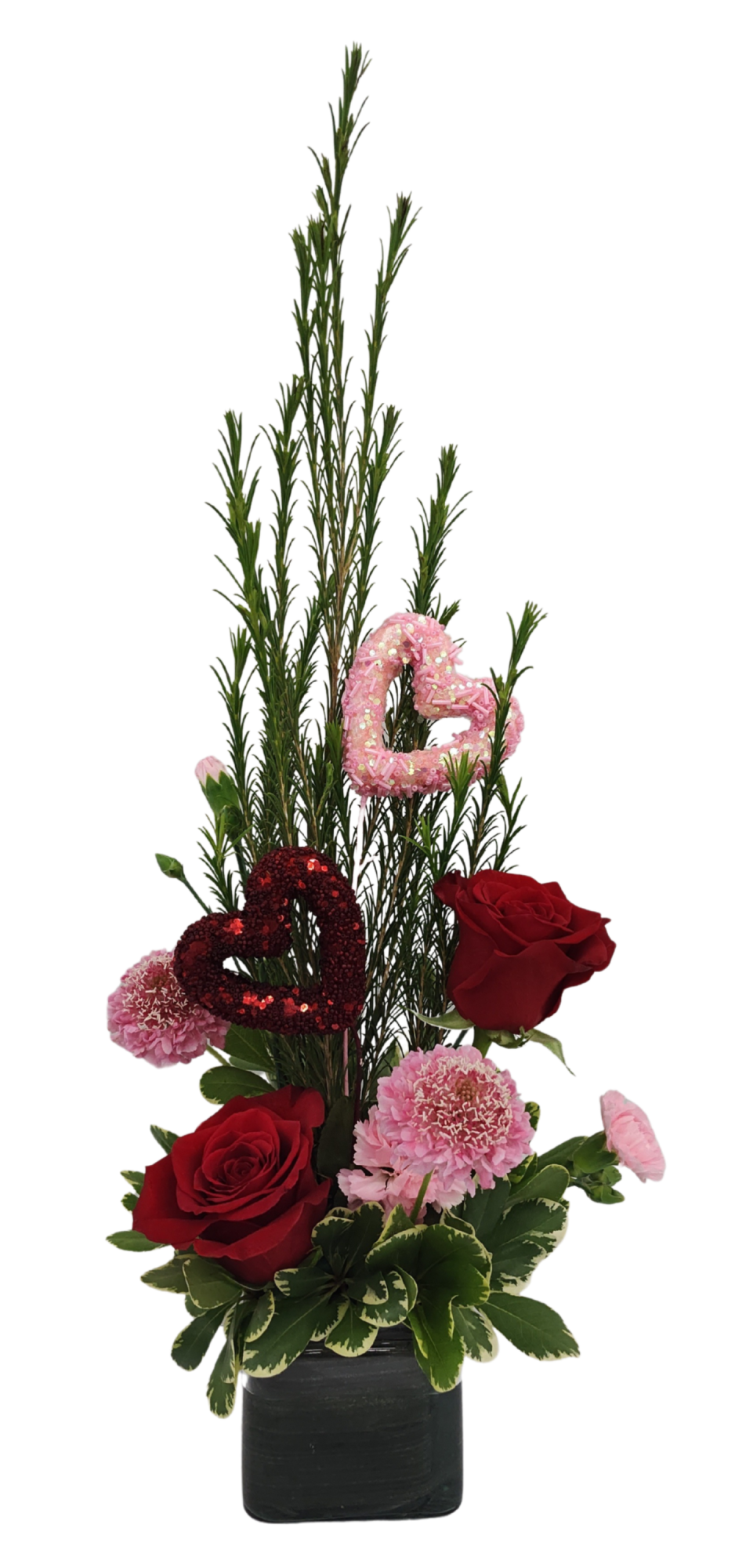 Vertical floral design with large reflexed kale as the focal area.  The vertical line is created with blue delphinium, and accented with 4 green carnations.  Design is in a cube vase. 