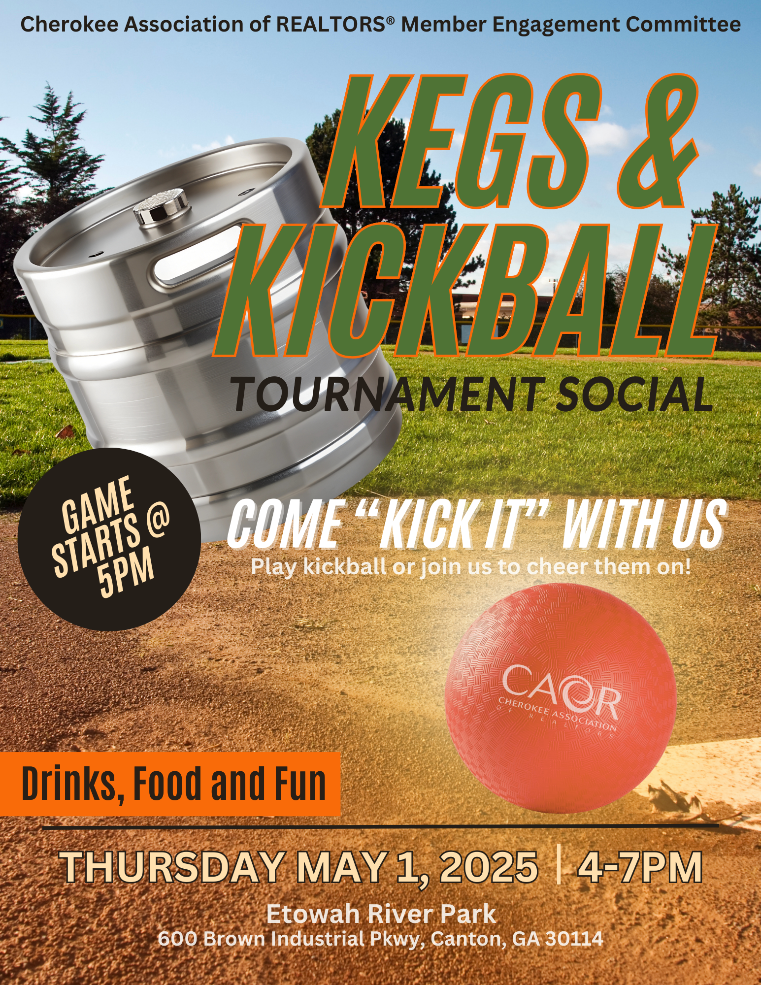 Kegs and Kickball event flyer that shows a playing field with a kickball and a beer keg saying drinks, food and fun
