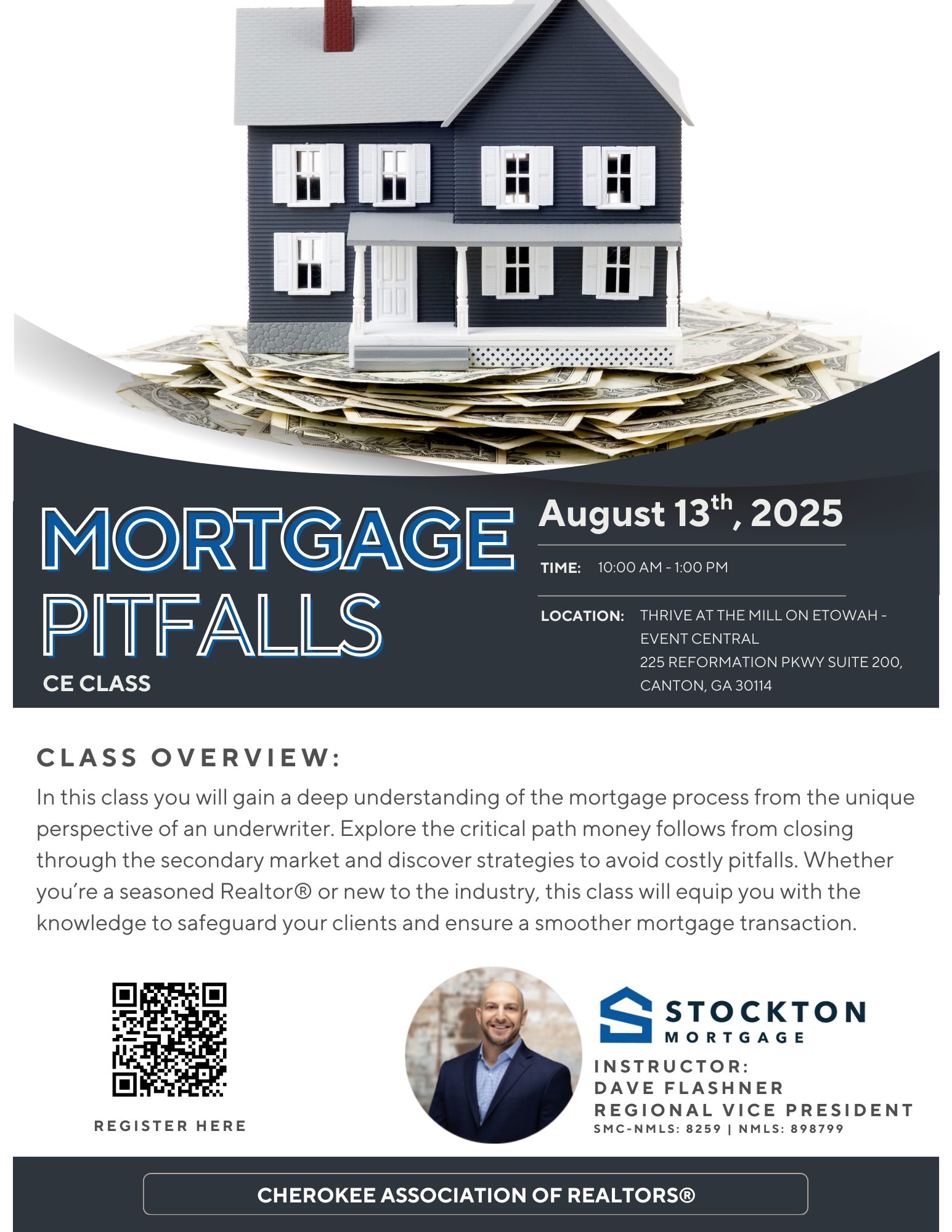 Mortgage Pitfalls CE Class Flyer with a photo of a house sitting on top of a pile of money