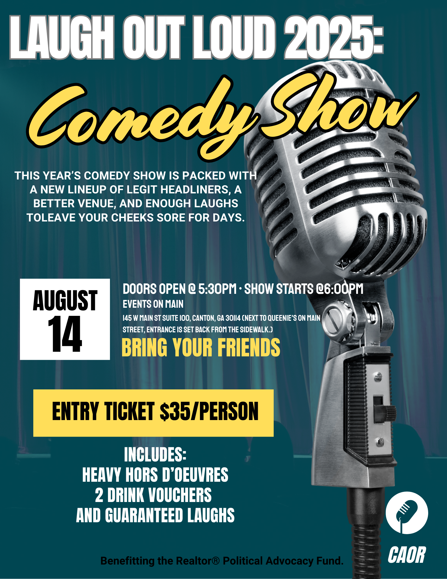Comedy Night flyer with blue crowd and a microphone