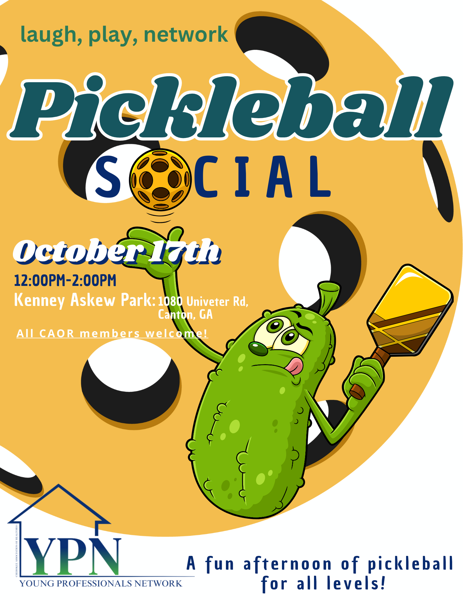 Pickleball flyer with large pickleball and a pickle setting up a seve