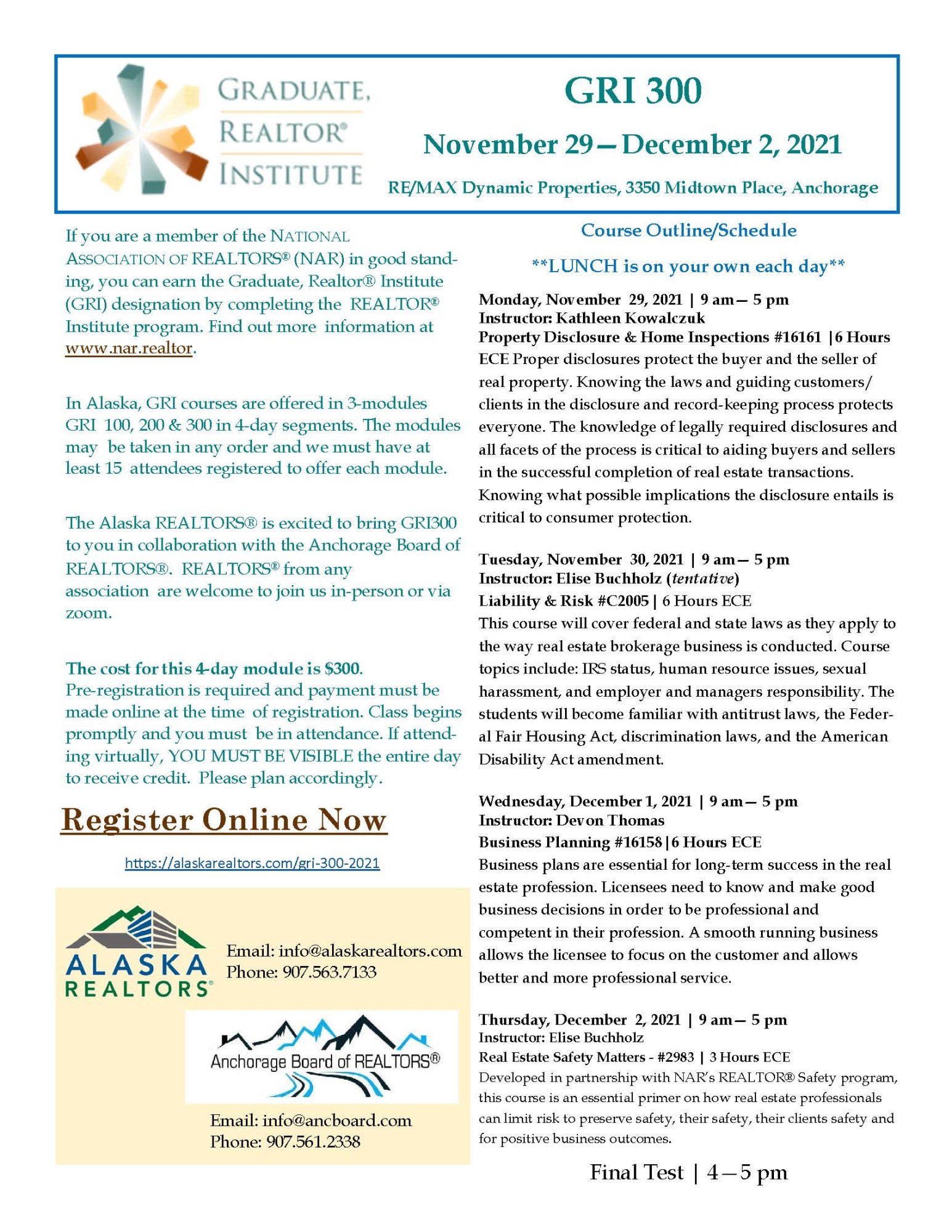 Alaska REALTORS® GRI 300 Course Nov 29 Dec 2 Anchorage Board of