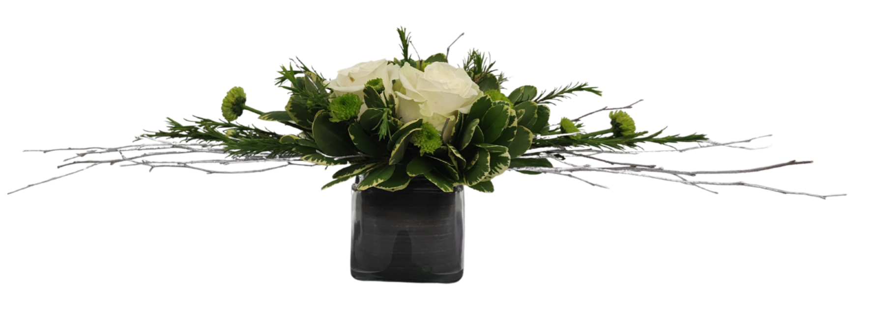 Vertical floral design with large reflexed kale as the focal area.  The vertical line is created with blue delphinium, and accented with 4 green carnations.  Design is in a cube vase. 