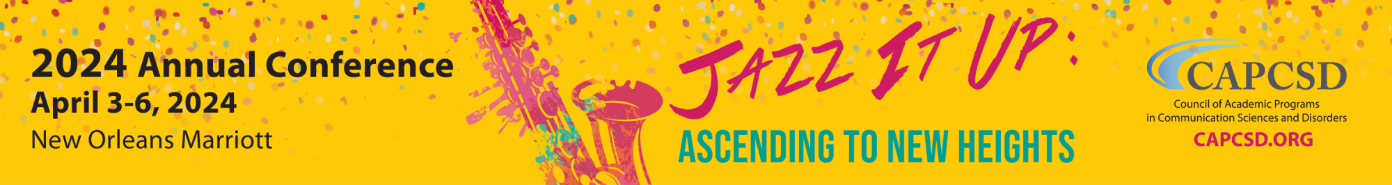 CAPCSD 2024 Annual Conference banner, abstract saxophone, theme: Jazz It Up: Ascending to New Heights, Dates: April 3-6, 2024, Location: New Orleans Marriott