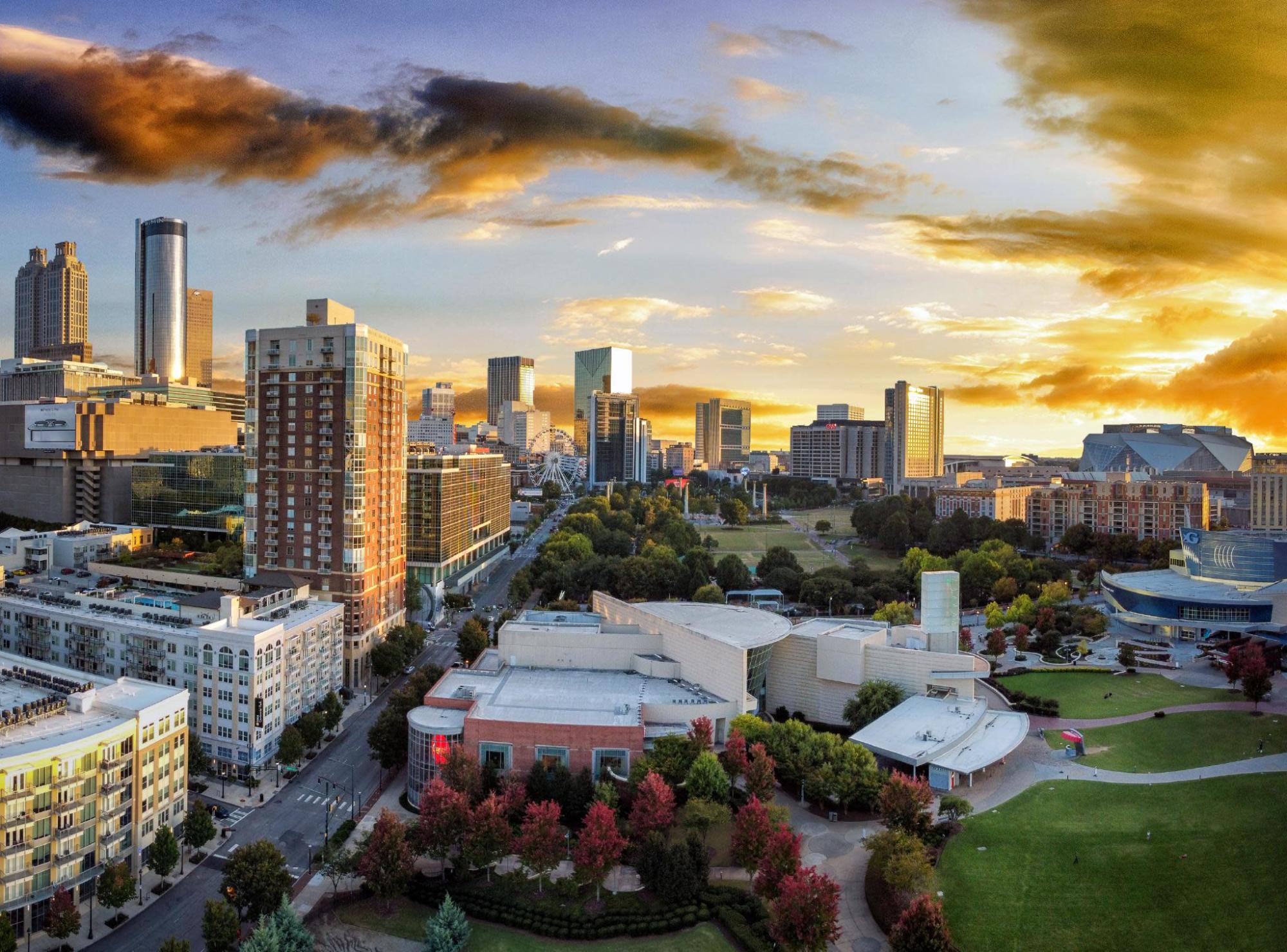 drone view of Centennial Olympic Park in Atlanta, GA