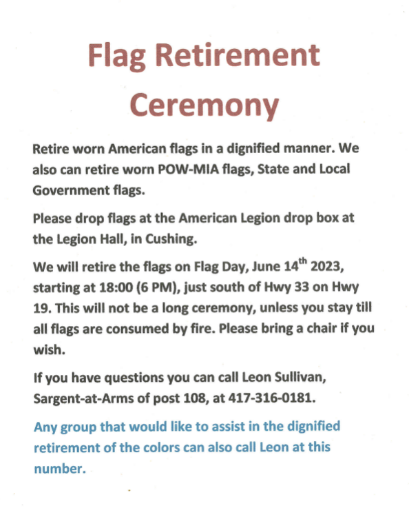 American Legion Post 108 Flag Retirement Ceremony - Cushing Chamber of