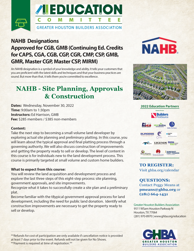 NAHB CLASS Site Planning, Approvals & Construction Sold out! GHBA