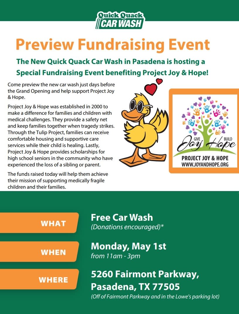 Quick Quack Car Wash Fundraiser for Project Joy & Hope Clear Lake Area Chamber of Commerce