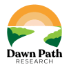 A pathway amongst trees against a background of a rising sun. It reads Dawn Path Research below the path.