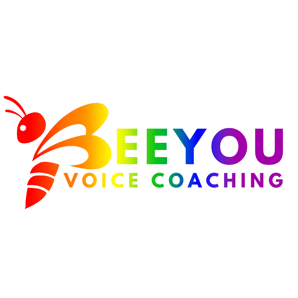 Business logo with a bee and a rainbow gradient across the words "Bee You Voice Coaching"