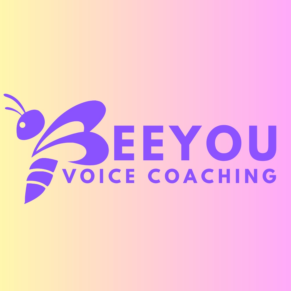 Purple and yellow gradient with a purple bee logo representing the letter "B" in Bee You Voice Coaching