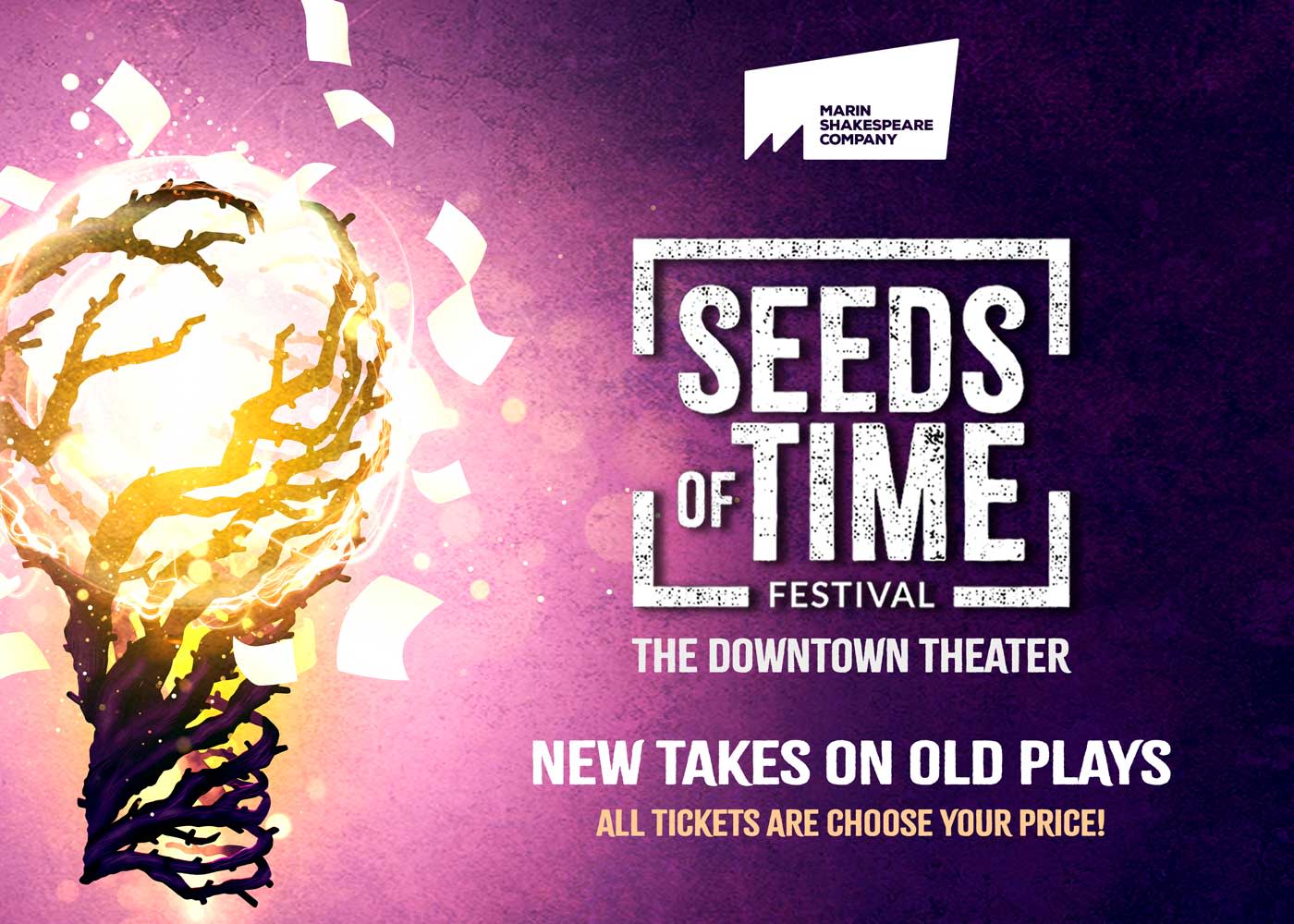Seeds of Time Festival graphic featuring a glowing light bulb sprouting leaves and pages against a purple and pink background