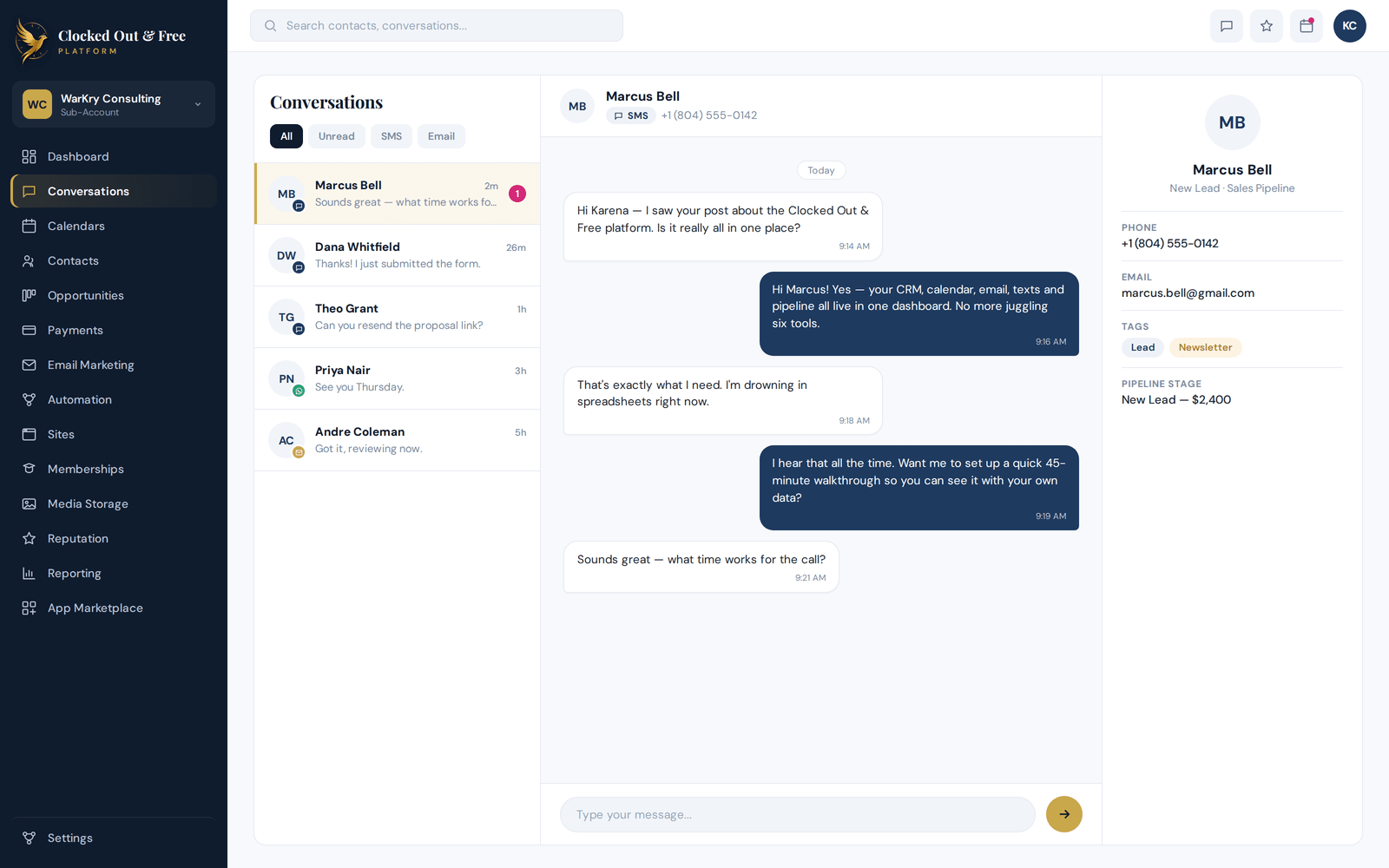 Two-way SMS conversation in the CO&F platform inbox, with a contact detail panel showing tags & pipeline stage.